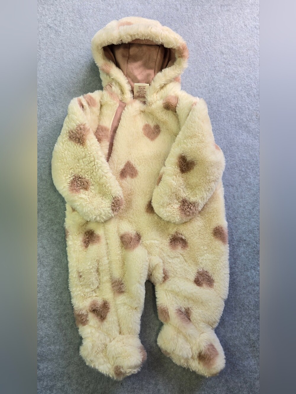 First Wish Cozy Cream Heart-Patterned Kids Zip Front One Piece 3-6 Months